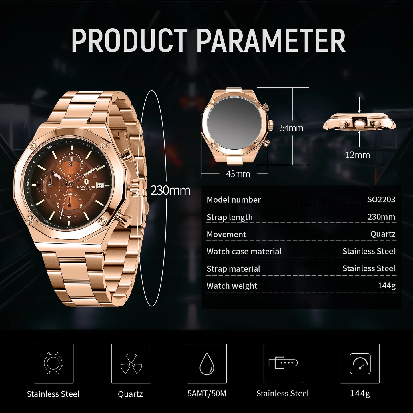 SAPPHERO Rose gold Watch Mens Watch Luxury  Stainless Steel Quartz Watch Business Waterproof Luminous Calendar Wristwatch Gift