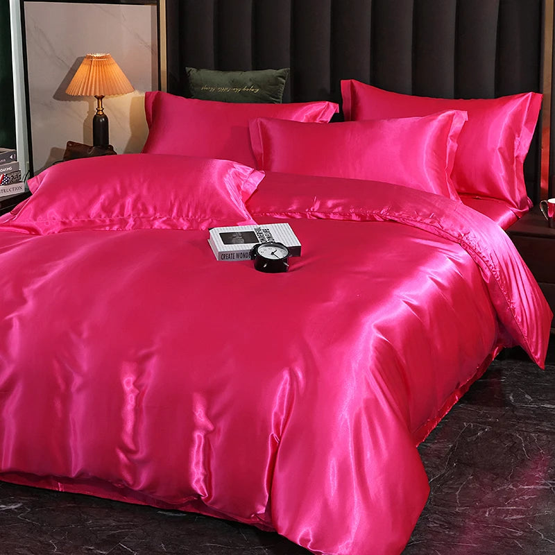 Luxury Satin  Bedding Set With Flat Sheet Duvet Cover High End Bedding Set  High Density Satin  Solid Color Bedding