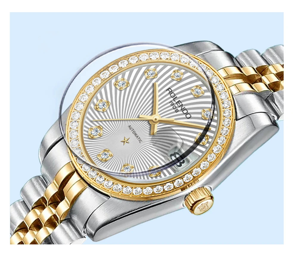 ROLENDO Classic Date Watches for Woman 32mm Sapphire Crystal 30ATM Butterfly Buckle Gold Luxury Diamond-set Automatic Wristwatch