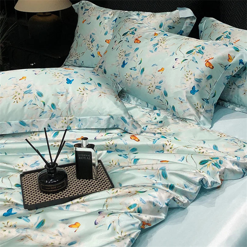 Floral Silk Bedding Set with Duvet Cover Bed Sheet Pillowcase Luxury Couple Single Double King Queen Soft Bedsheet Nordic Smooth