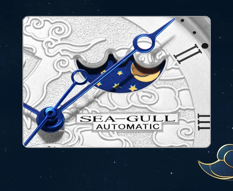 Seagull Moon Phase Watch Auspicious Clouds Special Edition Men's Automatic Mechanical Watch Luxury 41mm Watch for Men 6199 6198