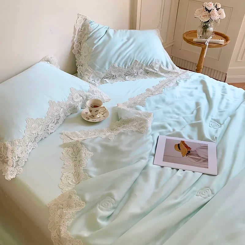 100%Eucalyptus Lyocell Cream White Lace Soft Silky Textured Wrinkle-Free Summer comforter Blanket 1Pc Flat sheet 2Pillow shams