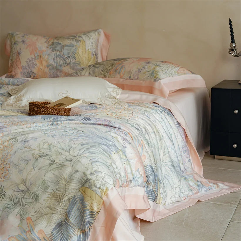 Luxury 22mm Mulberry Silk Bedding Set Romantic Floral Duvet Cover Pillowcases Bed Sheet Set Luxury Bed Linen King Queen Size