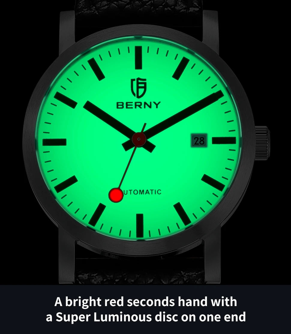 BERNY Watch for Men Automatic Self-Wind Luxury Watch Sappire MIYOTA 8215 Top Luminous 5ATM Mechanical Railroad Wristwatch