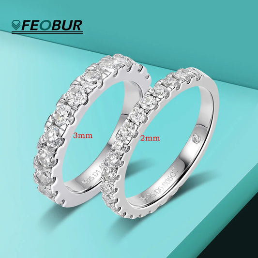 FEOBUR 2/3mm Moissanite Ring for Women S925 Silver Plated 18k White Gold Full Eternity Wedding Band Men Diamond Engagement Rings