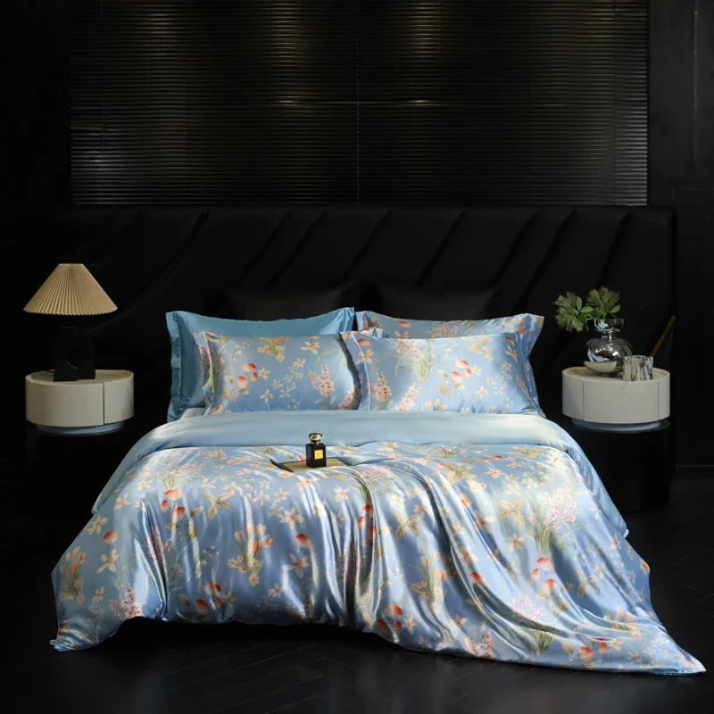 Natural Silk Bedding Set Single Double Queen King Printing Duvet Cover Luxury Quilt Cover Bedsheet Pillowcase