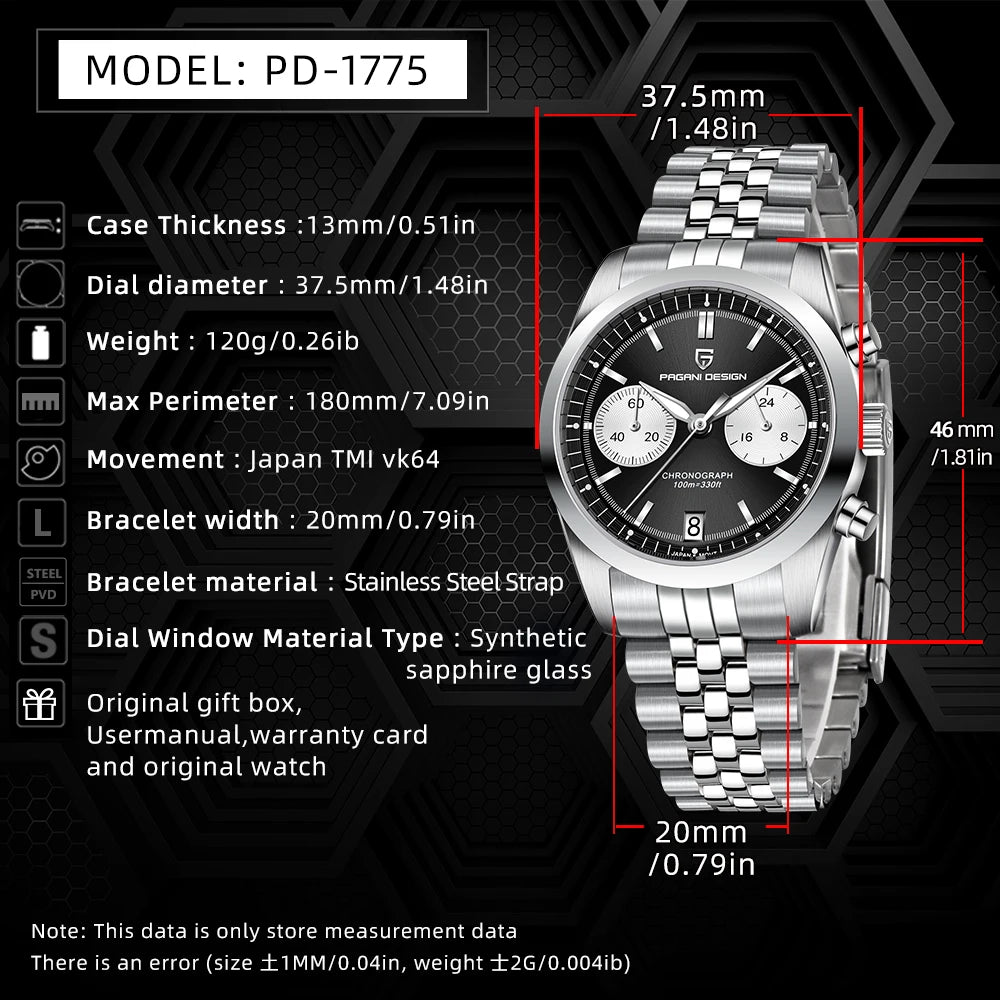 PAGANI DESIGN Fashion Men's Quartz Wristwatches PD1775 Sapphire Glass Stainless steel strap VK64 Movement watch for men