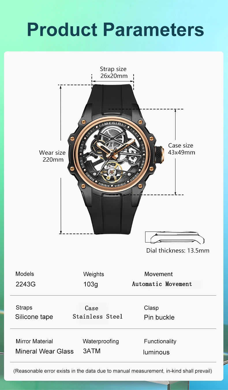MEGIR Skeleton Dial Automatic Mechanical Watch Men Stainless Steel Case Waterproof Luminous Sport Wristwatch with Silicone Strap