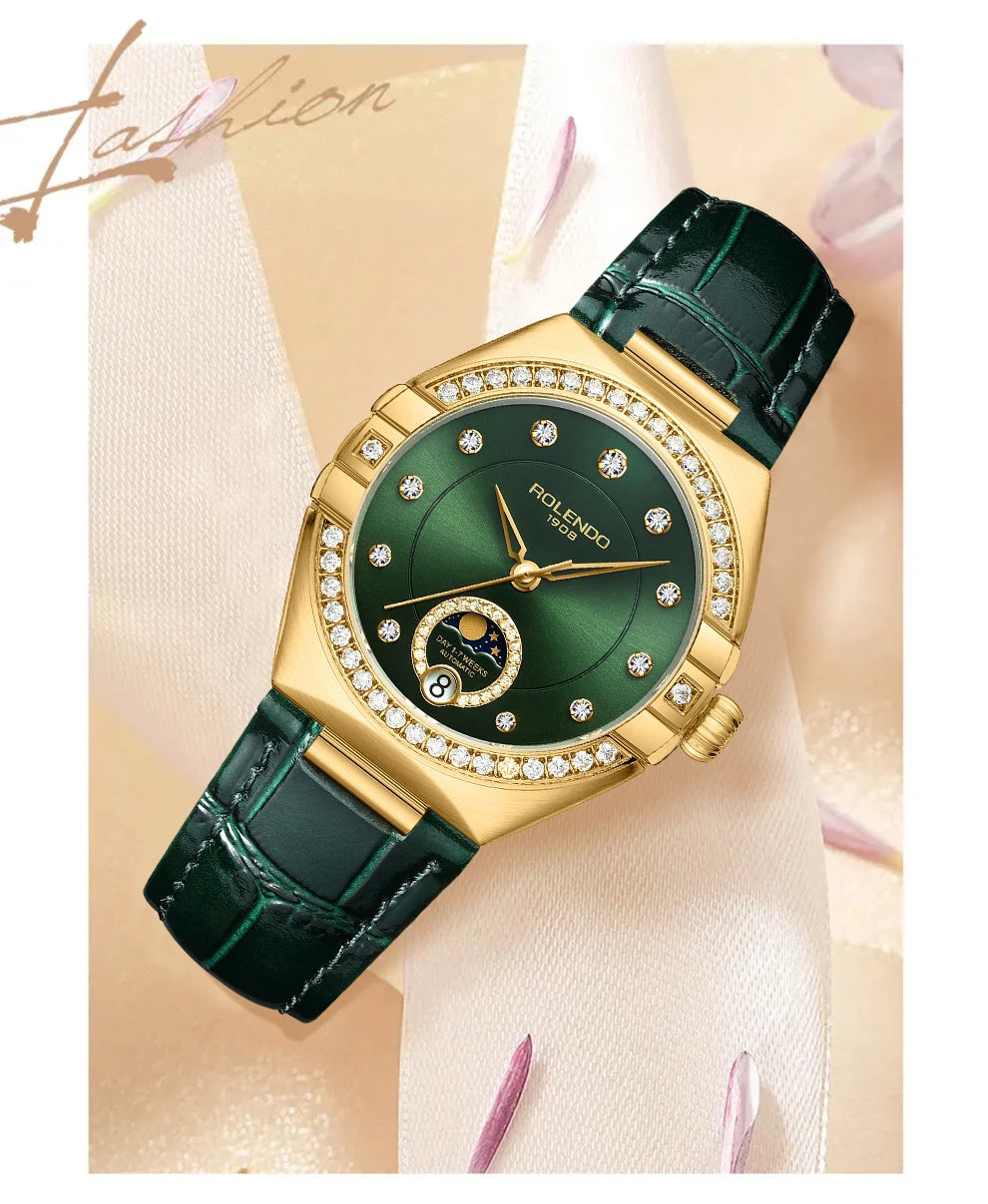 ROLENDO Constellation Style Automatic Women's Watch Secret Emerald Strap Green Dial Day-Date Sapphire Crystal Waterproof Elegant