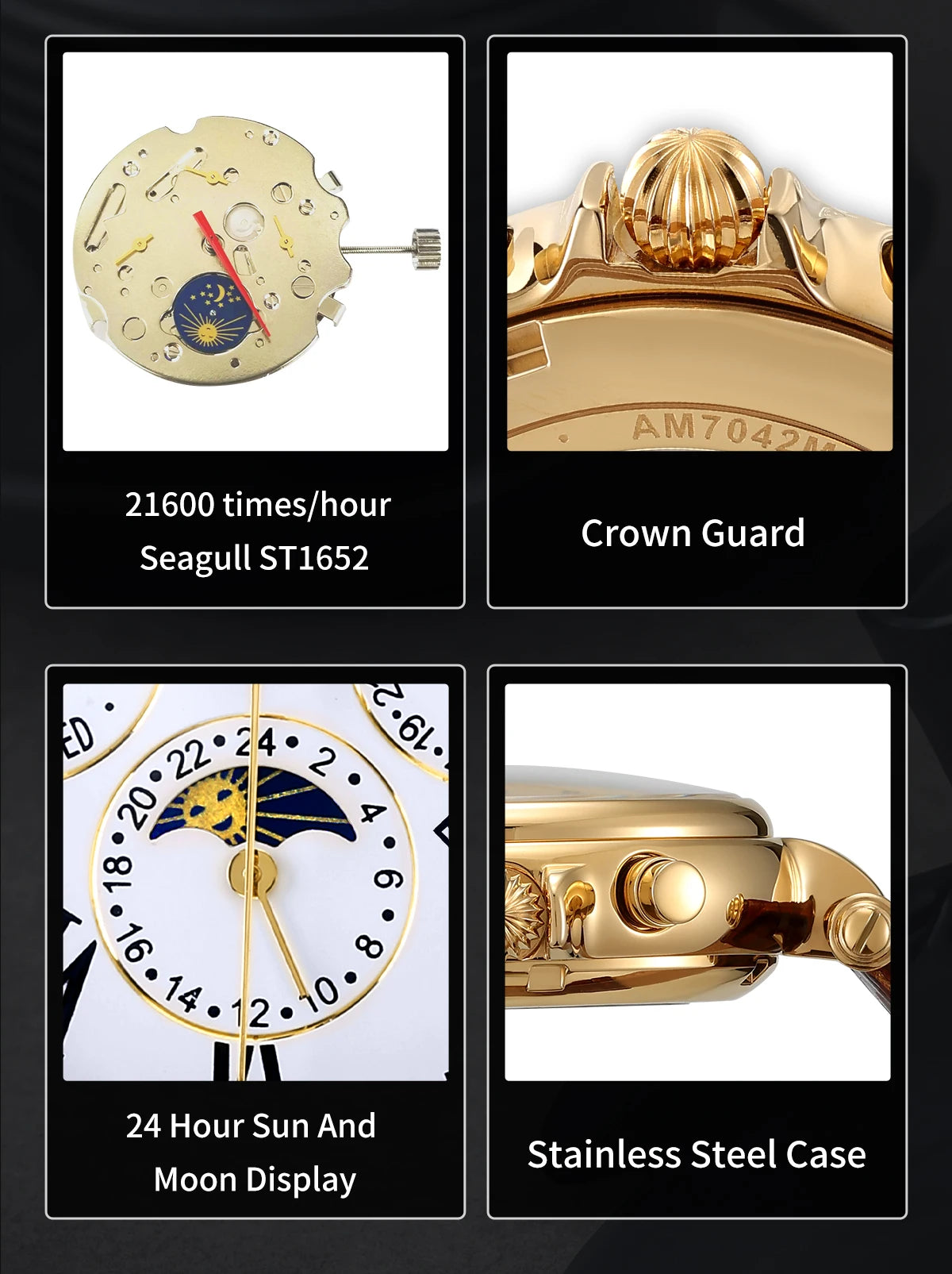 BERNY Retro-Automatikuhr für Herren mit Sonnen- und Mondphasenanzeige, luxuriöse mechanische Armbanduhr, leuchtende Möwe ST1652, klassische Herrenuhr