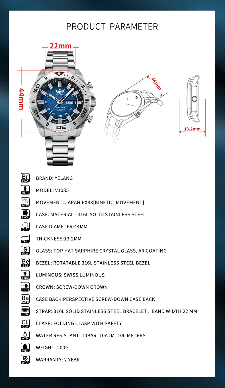 YELANG New Design Human Kinetic Energy Watches Waterproof 100m H3 Gas Self luminescent Nightlight 10Bar Diving Grade V1035