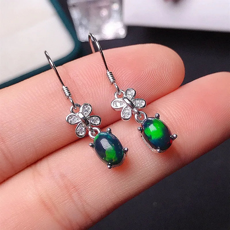MeiBaPJ 5*7 Natural Black Opal Gemstone England Ear Drop Earrings for Women Real 925 Sterling Silver Charm Fine Wedding Jewelry