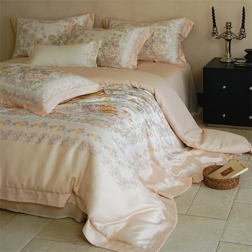 Luxury 22mm Mulberry Silk Bedding Set Romantic Floral Duvet Cover Pillowcases Bed Sheet Set Luxury Bed Linen King Queen Size