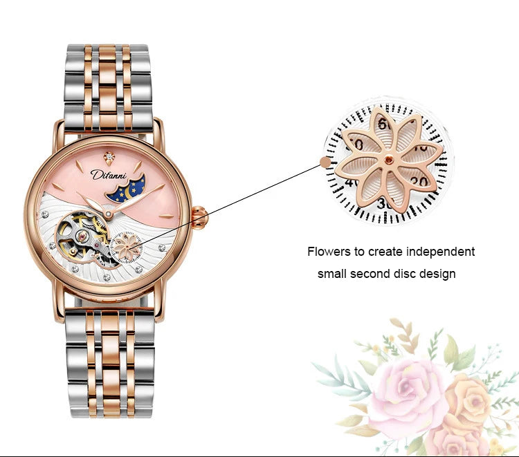Lady Automatic Mechanical Watches Rotatable Flowers Female Watch Women Brand Luxury Fashion Moon Phase Waterproof Luminous Clock