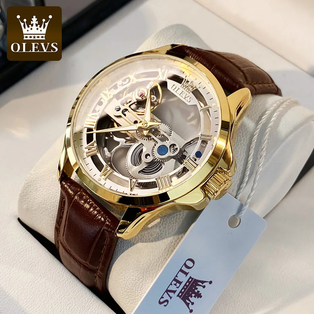 OLEVS Trend Fashion Men's Watches Casual Leather Strap Hollow Out Self-winding Movement Original Automatic Mechanical Wristwatch