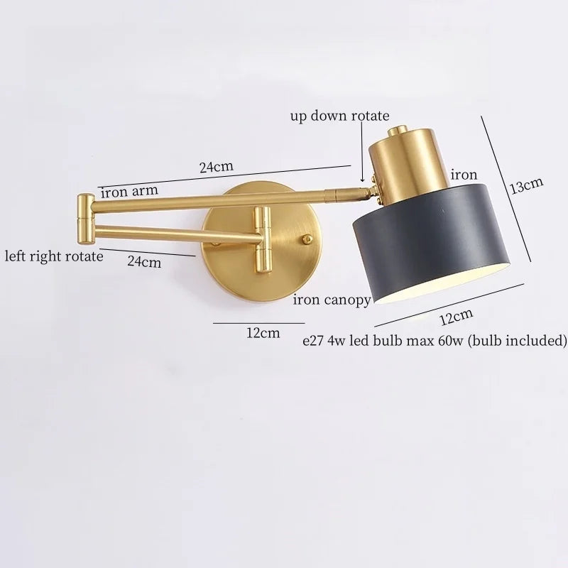 IWHD Golden Iron Art LED Wall Lights For Bedroom Kitchen Living Room Loft Mirror Bedside Lamp Swing Long Arm Lampade Da Parete