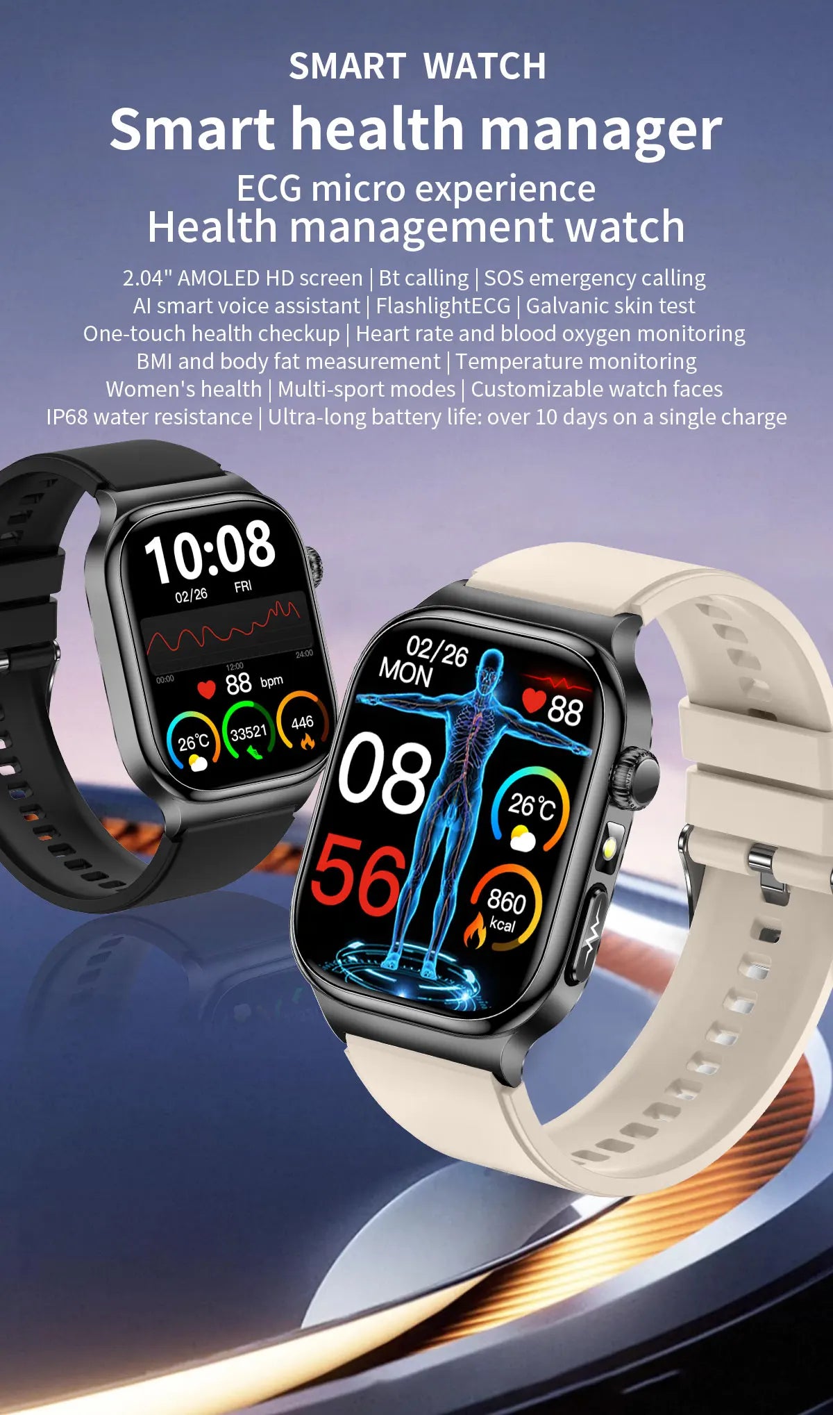 2025 New AI Human Health diagnosis ECG+HRV Smart Watch Blood Pressure Uric acid Blood lipid Bluetooth Call Smartwatch Men Women