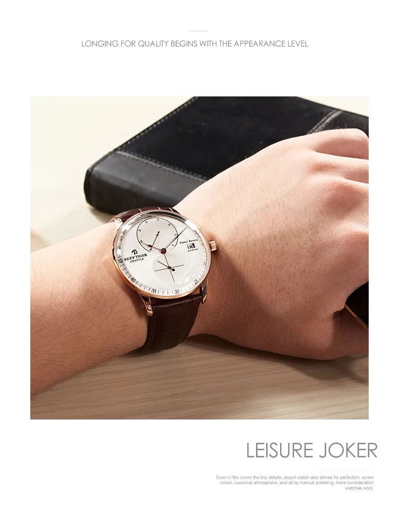 Reef-Tiger /RT Men Luxury Watch Rose Gold Mechanical Watch Brown Leather Strap Analog Watches Relogio Masculino RGA82B0