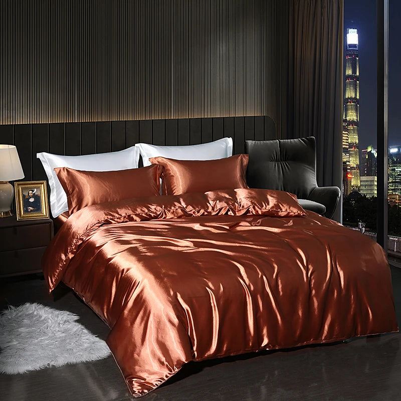 Luxury Satin  Bedding Set With Flat Sheet Duvet Cover High End Bedding Set  High Density Satin  Solid Color Bedding