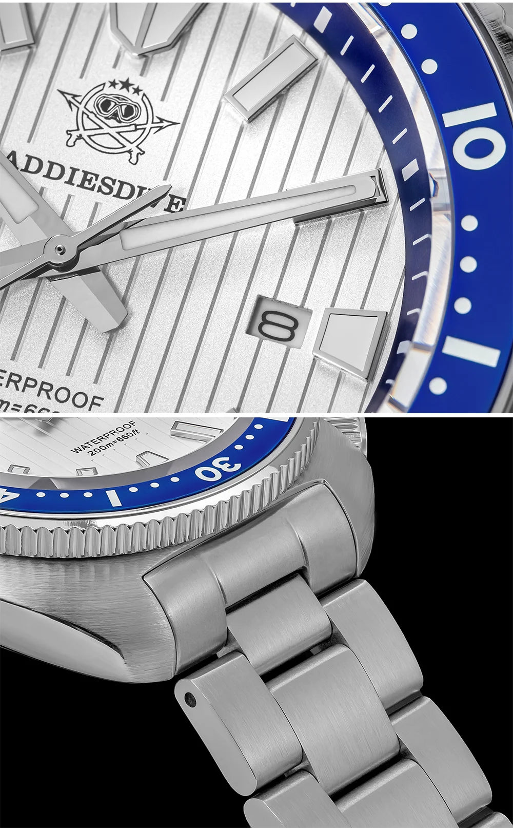 ADDIESDIVE Men's Watch Stainless Steel Sapphire Crystal Quartz Watch Men's Luminous 200M Waterproof Gift Men's Analog Watch