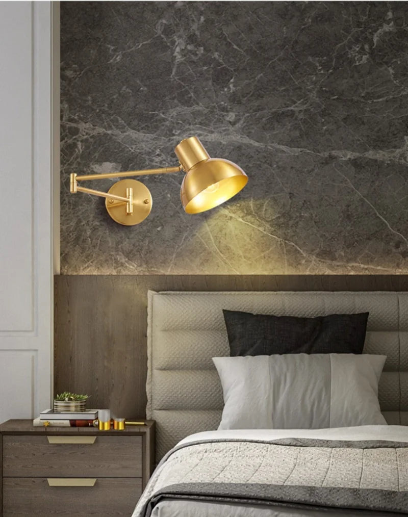 IWHD Golden Iron Art LED Wall Lights For Bedroom Kitchen Living Room Loft Mirror Bedside Lamp Swing Long Arm Lampade Da Parete