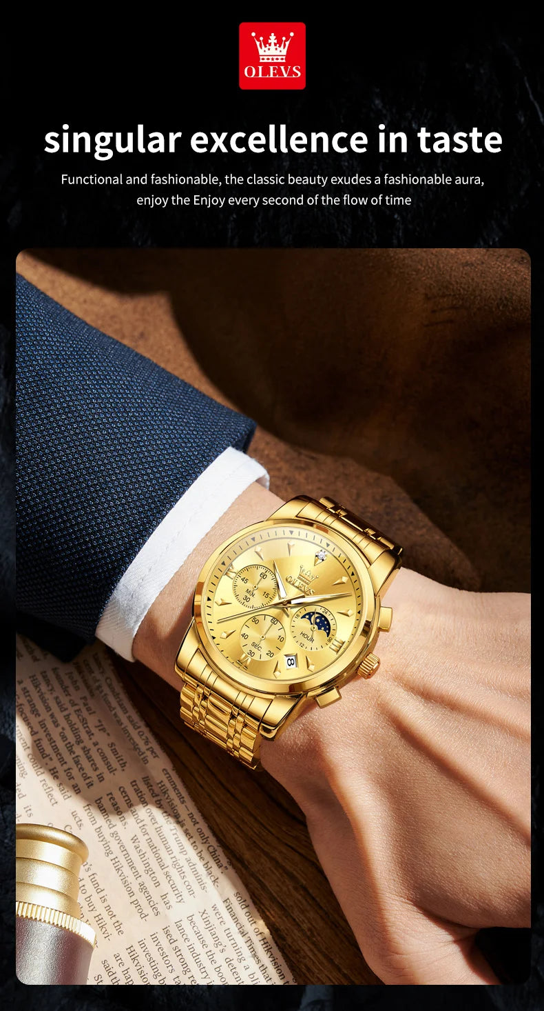 OLEVS 3639 Top Brand Original Luxury New Quartz Watch Stainless Steel Watch For Men Waterproof Luminous Moon Phase Mens Watch