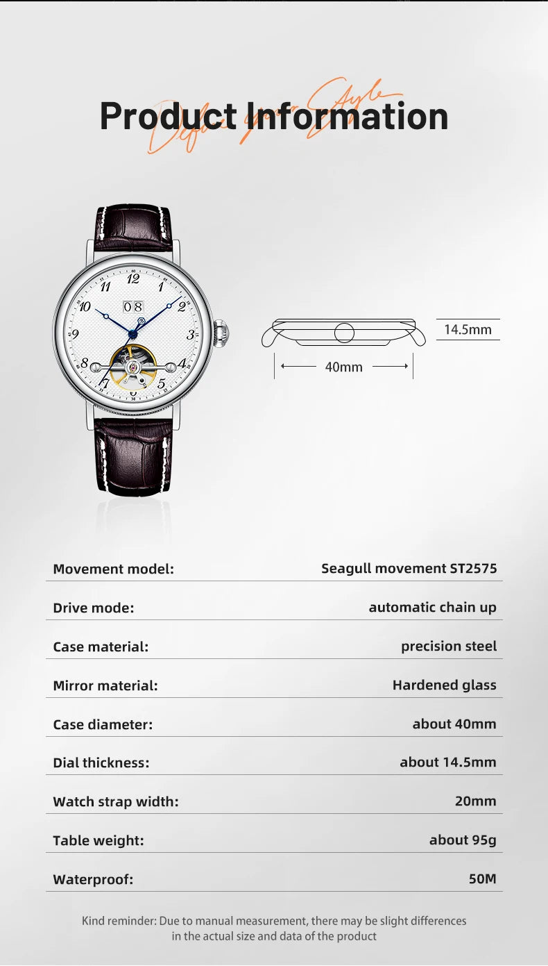 Montre homme haut de gamme Flywheel, montre de luxe à cadran Clous de Paris, étanche à 5 bars, mouvement mécanique automatique Seagull.