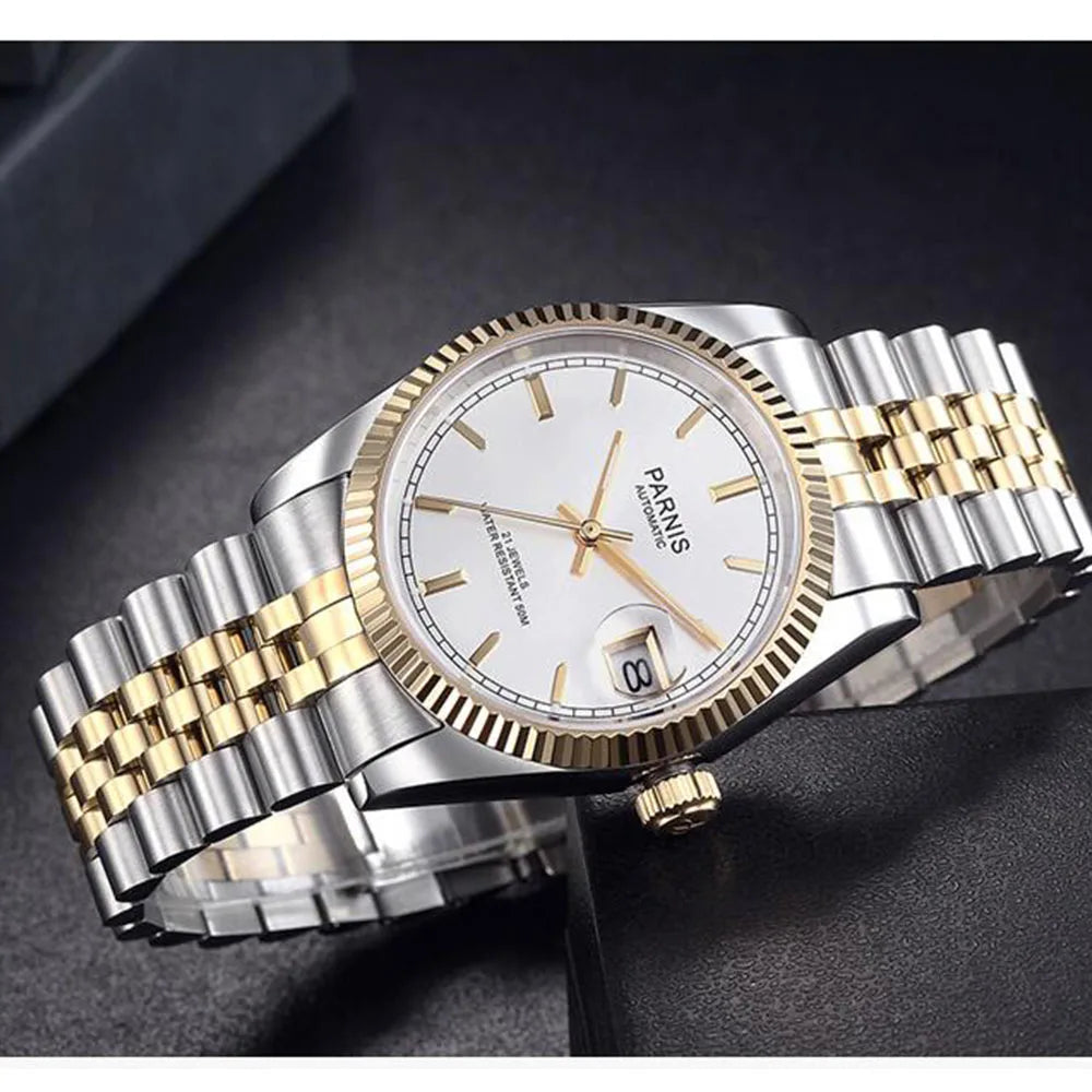 Parnis 36mm Gold Color Luminous Mark Automatic Men's Wristwatch 5 ATM Stainless Steel Jubilee Bracelet