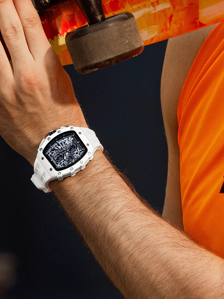 TSAR BOMBA Resin Watch for Men Tonneau Waterproof Mens Watches Top Brand Luxury Chronograph Sport Male White Wristwatches