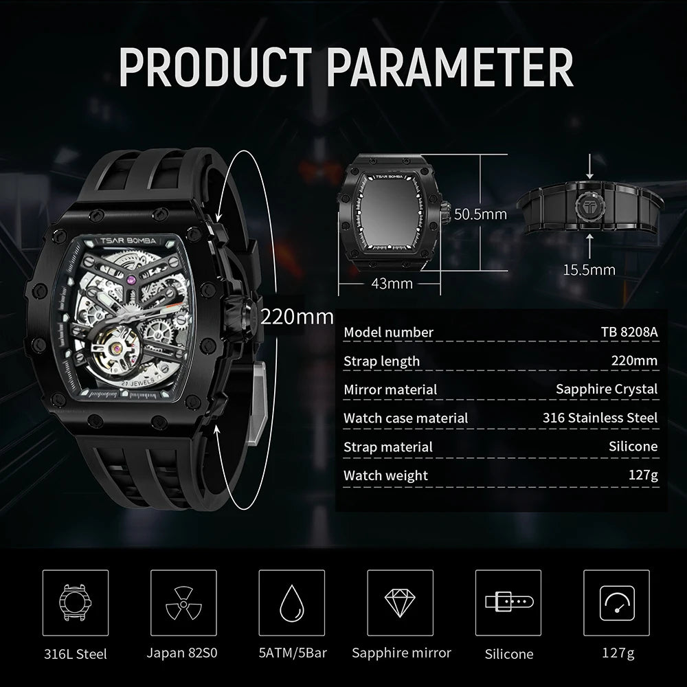 TSAR BOMBA Automatic Watch for Men Waterproof Watch Tonneau Stainless steel Mechanical Wristwatch Silicone Strap Luxury Gift