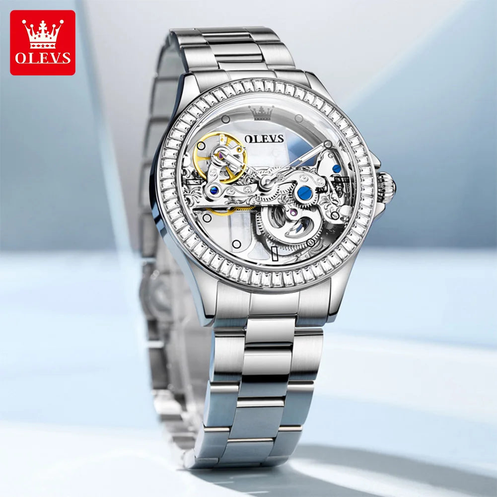 OLEVS 6699 Fully Hollow Women Mechanical Watch Luxury Flywheel Diamond bezel Brand Top Watch Women Automatic Watch Reloj Mujer
