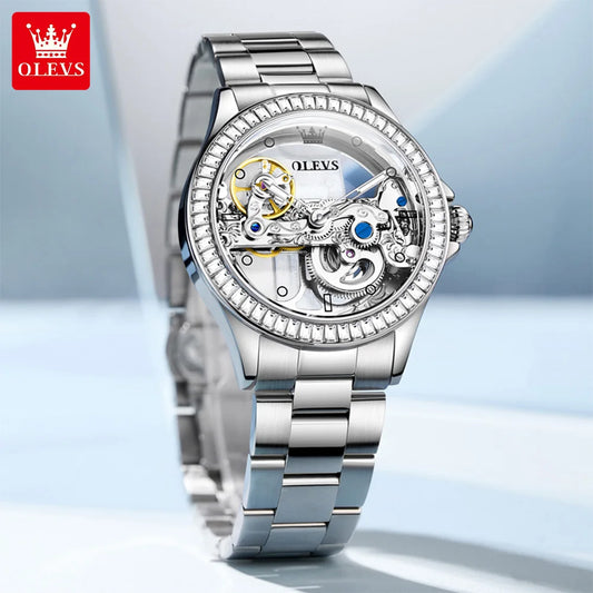 OLEVS 6699 Fully Hollow Women Mechanical Watch Luxury Flywheel Diamond bezel Brand Top Watch Women Automatic Watch Reloj Mujer
