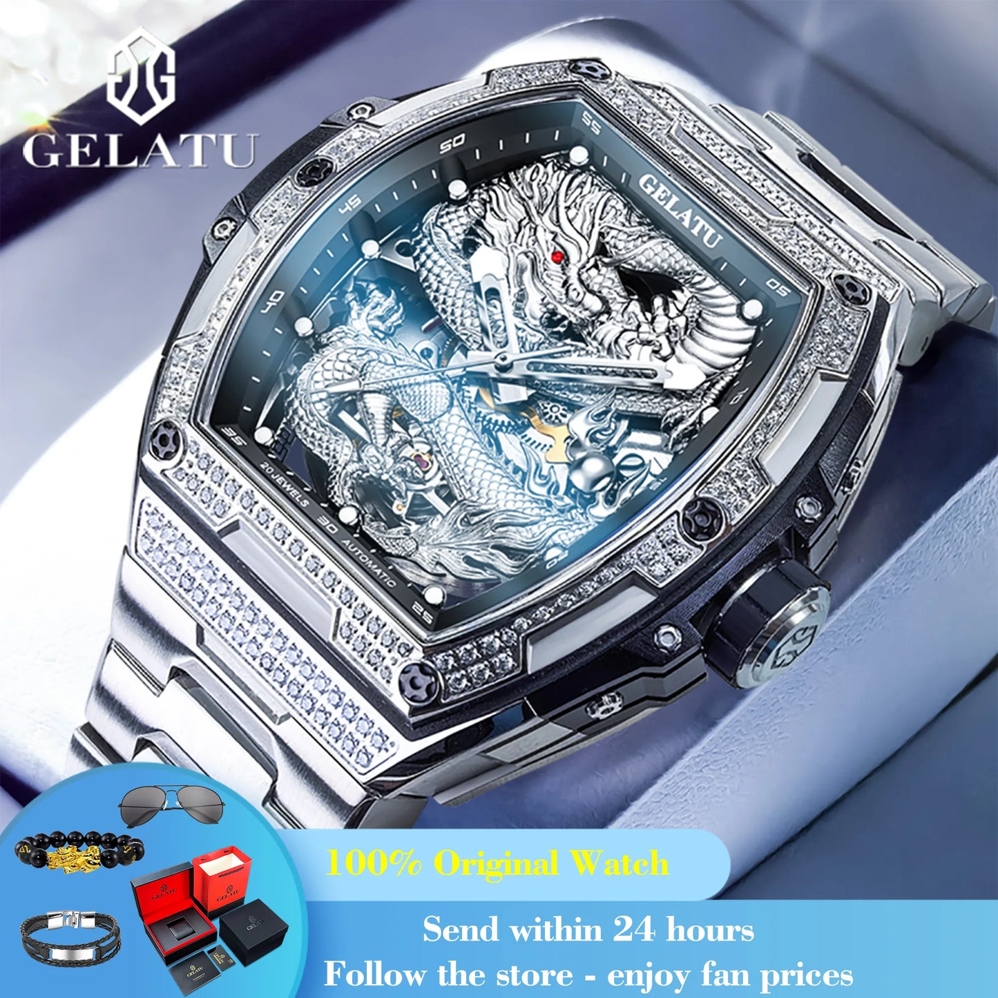 GELATU 6021 Men's Watch Fashion Automatic Mechanical Watch For Men Hollow Waterproof Luminous Dragon Dial Luxury Man Wristwatch