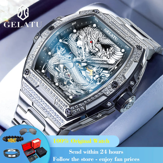 GELATU 6021 Men's Watch Fashion Automatic Mechanical Watch For Men Hollow Waterproof Luminous Dragon Dial Luxury Man Wristwatch