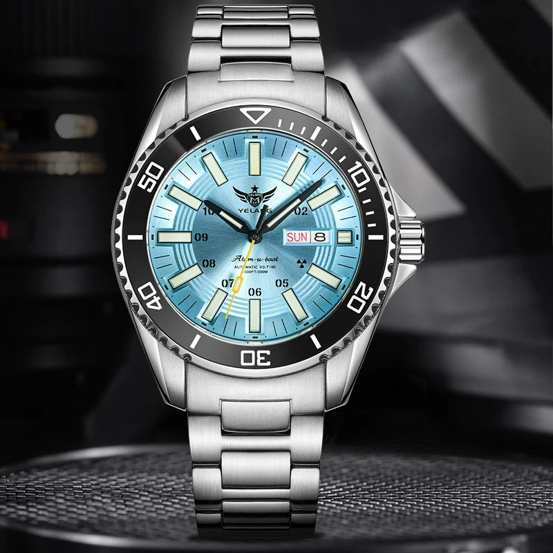 YELANG Automatic Mens Green Water Ghost Watches H3 T100 Self Luminous Wristwatch Waterproof 300m Turning Ceramic Bezel V1032