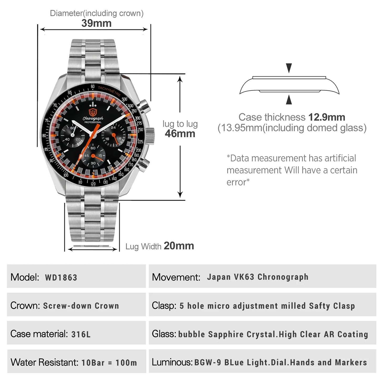 Watchdives WD1863 VK63 Quartz Chronograph Movement Bubble Sapphire Crystal 100m Waterproof Luminous 39mm Vintage Watches
