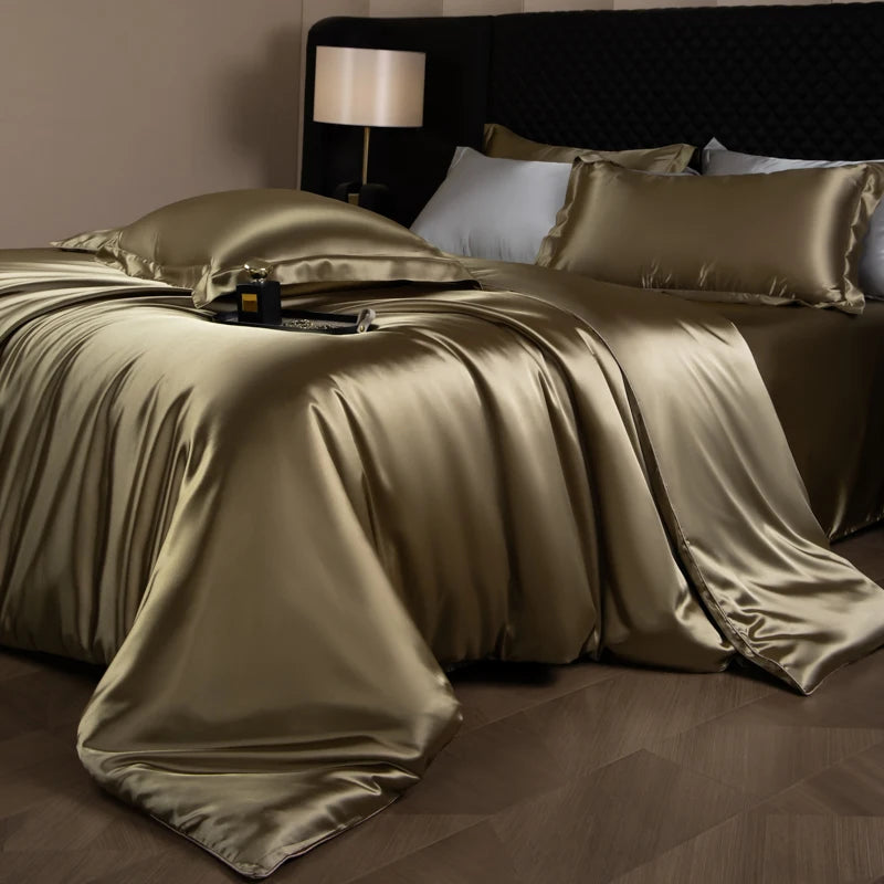 Silk Bed Sheets Set Luxury Bedding Set with Duvet Cover Fitted/Flat Bedheet Pillowcases Mixed with Rayon King Queen Full Twin