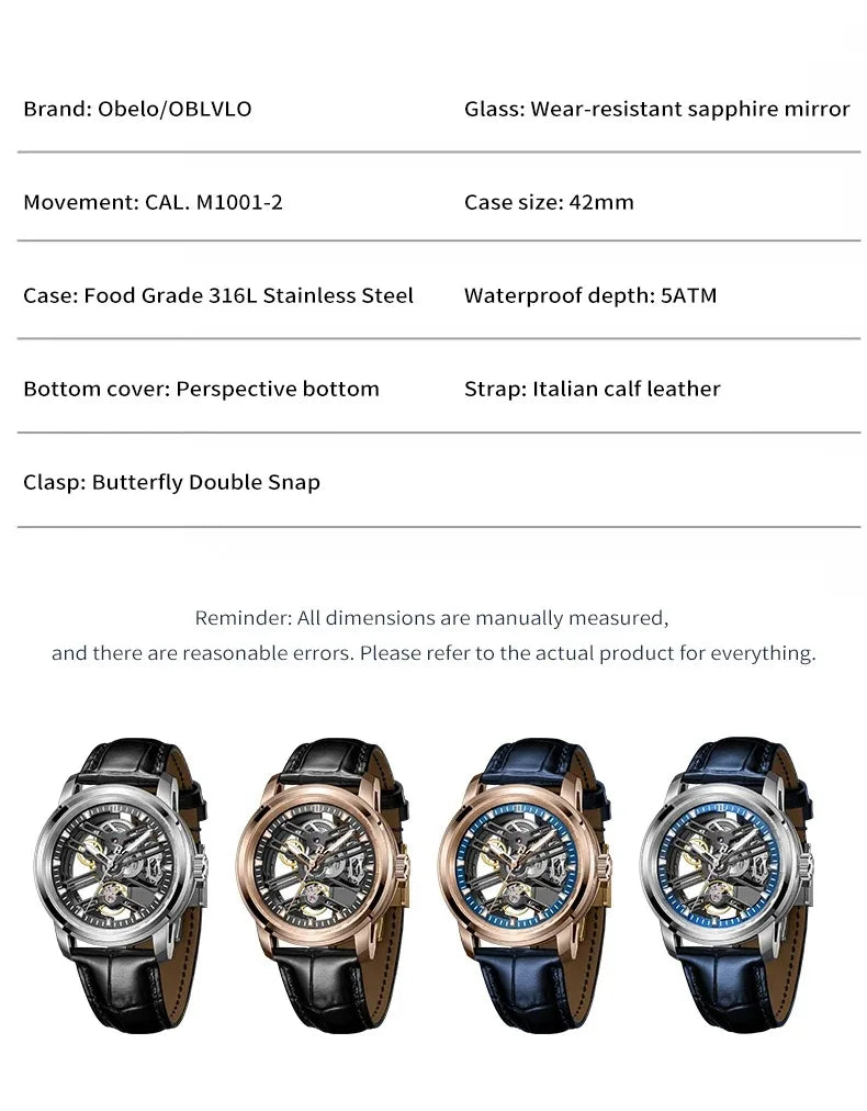 OBLVLO Men Automatic Watch 42MM Fashion Watches Mechanical Wristwatch 5AMT Waterproof Sapphire Luminous Skeleton Dial