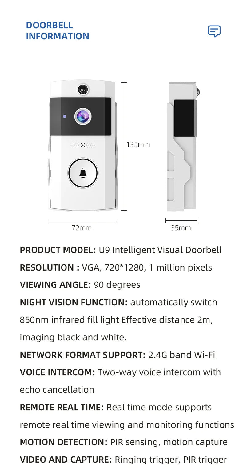 Solar Wireless Smart Video Doorbell HD Security Camera with Rain Cover Weatherproof Outdoor Two-Way Talk Voice Changer WiFi Door