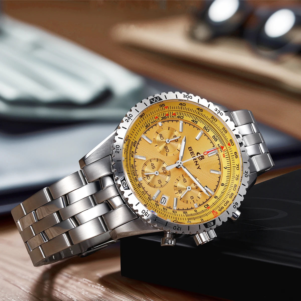 BERNY Aviation Pilot Men's Watches Quartz Chronograph Watch Date Sapphire Super Luminous Luxury Brand Dress Man Wristwatch