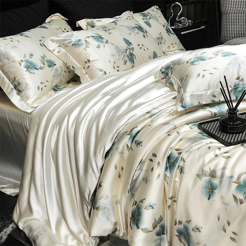 Floral Silk Bedding Set with Duvet Cover Bed Sheet Pillowcase Luxury Couple Single Double King Queen Soft Bedsheet Nordic Smooth