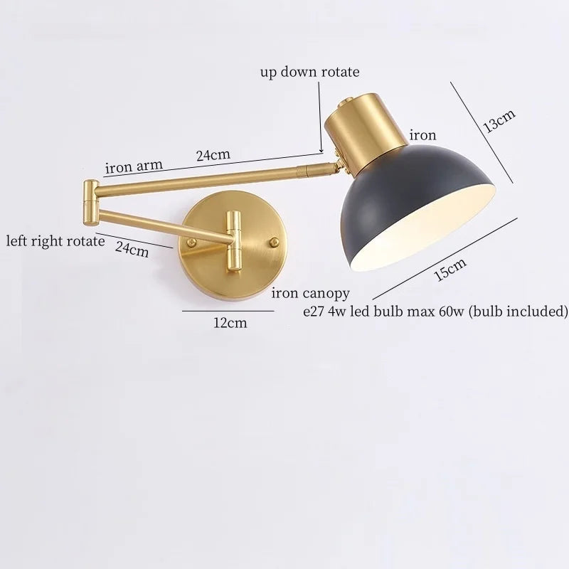 IWHD Golden Iron Art LED Wall Lights For Bedroom Kitchen Living Room Loft Mirror Bedside Lamp Swing Long Arm Lampade Da Parete