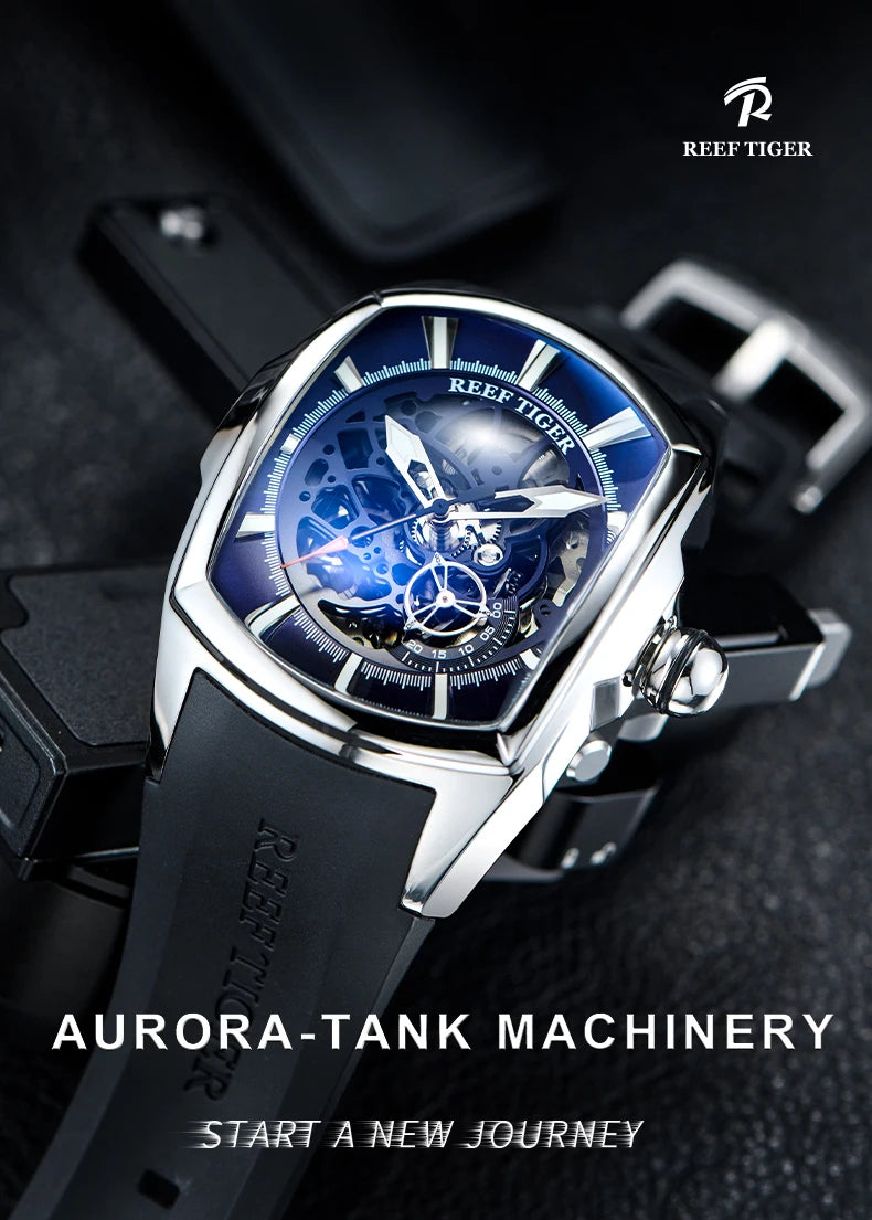 Reef Tiger Men's 316L Stainless Steel Skeleton Automatic Watch Wine Barrel Hollow Waterproof Mechanical Sport Watches RGA3069-S