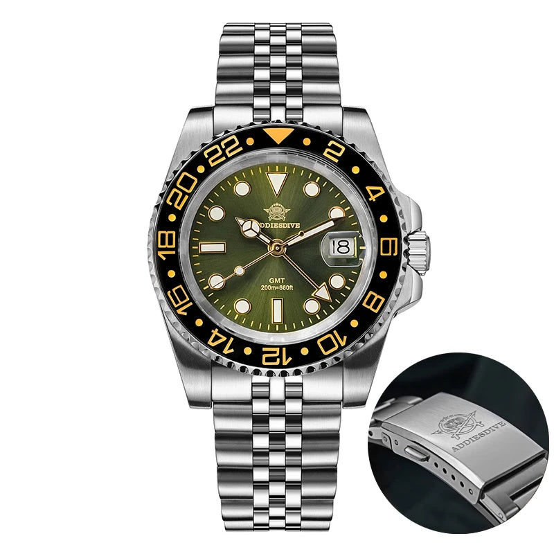 ADDIESDIVE AD2050 Men GMT Watch Swiss Ronda 515-24 BGW9 Super Luminous 20Bar Waterproof reloj 316L Stainless Steel Quartz Watch