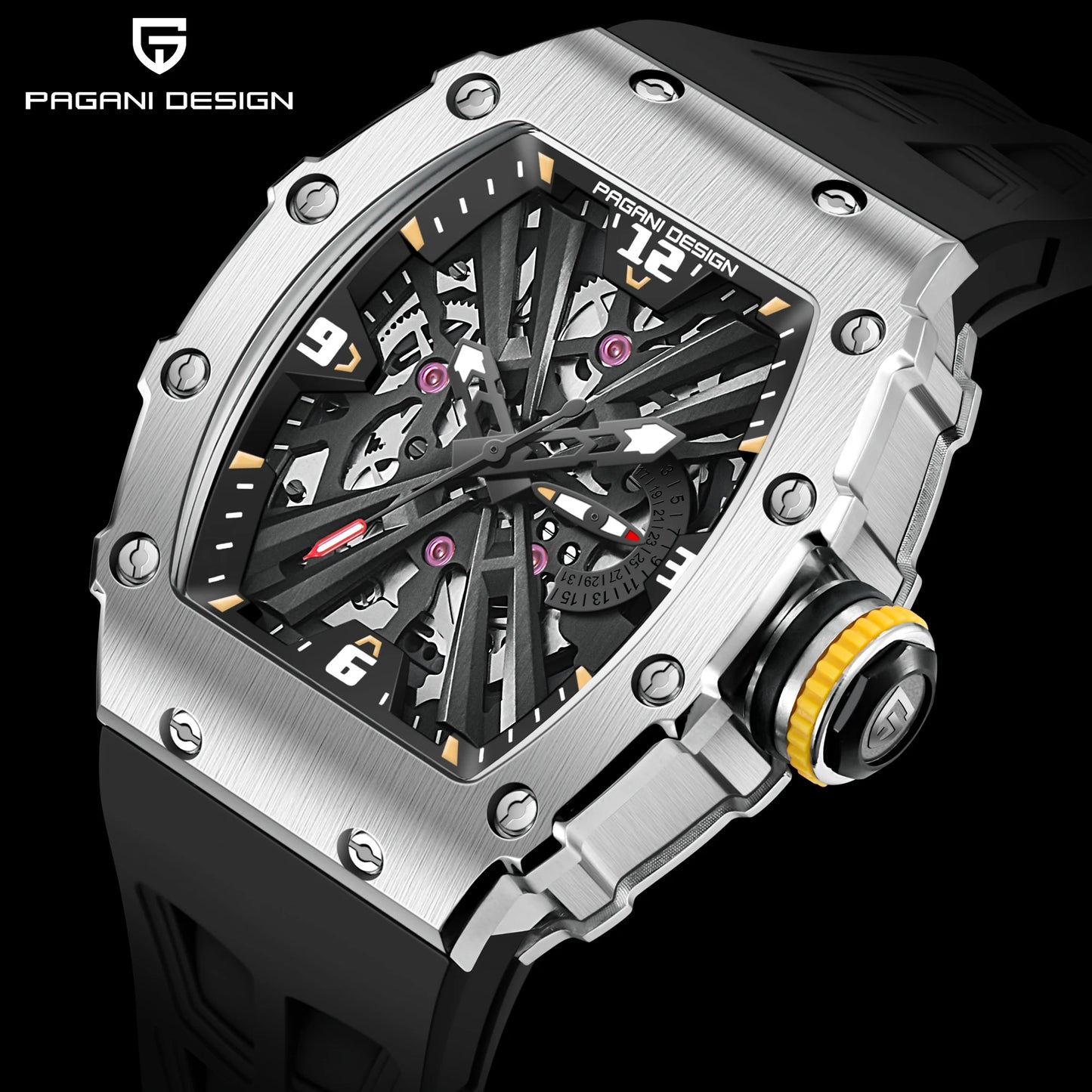 2024 New PAGANI DESIGN Men's Quartz Watches VH65 Movt Skeleton Dial 100M Waterproof Sport Rectangle Sapphire Glass Watch for Men