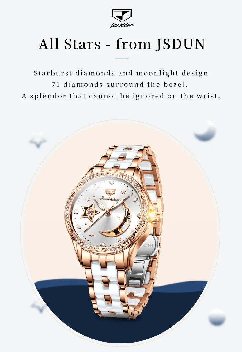 JSDUN Fashion Ceramic Skeleton Women Automatic Mechanical Watches New Luxury Ladies Watch Original Waterproof Lady Wrist Watch