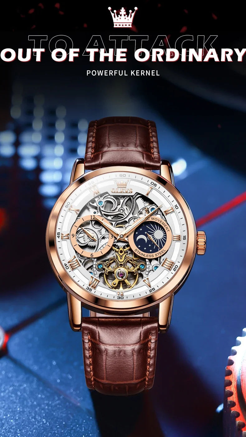 OLEVS 6670 Mechanical Fashion Watch Genuine Leather Watchband Round-dial Moon Phase Month Display