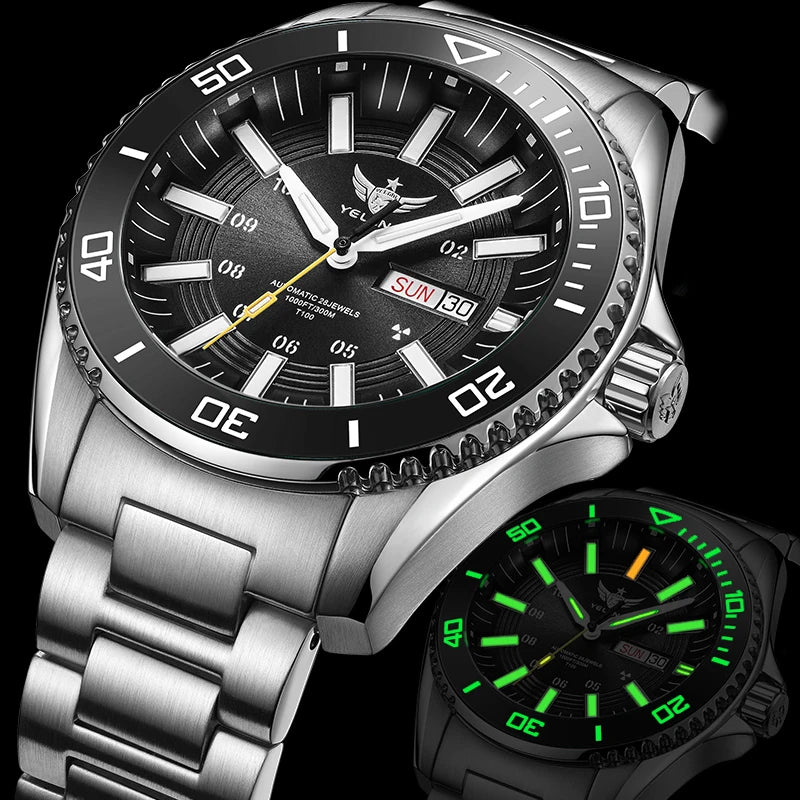 YELANG Automatic Mens Green Water Ghost Watches H3 T100 Self Luminous Wristwatch Waterproof 300m Turning Ceramic Bezel V1032