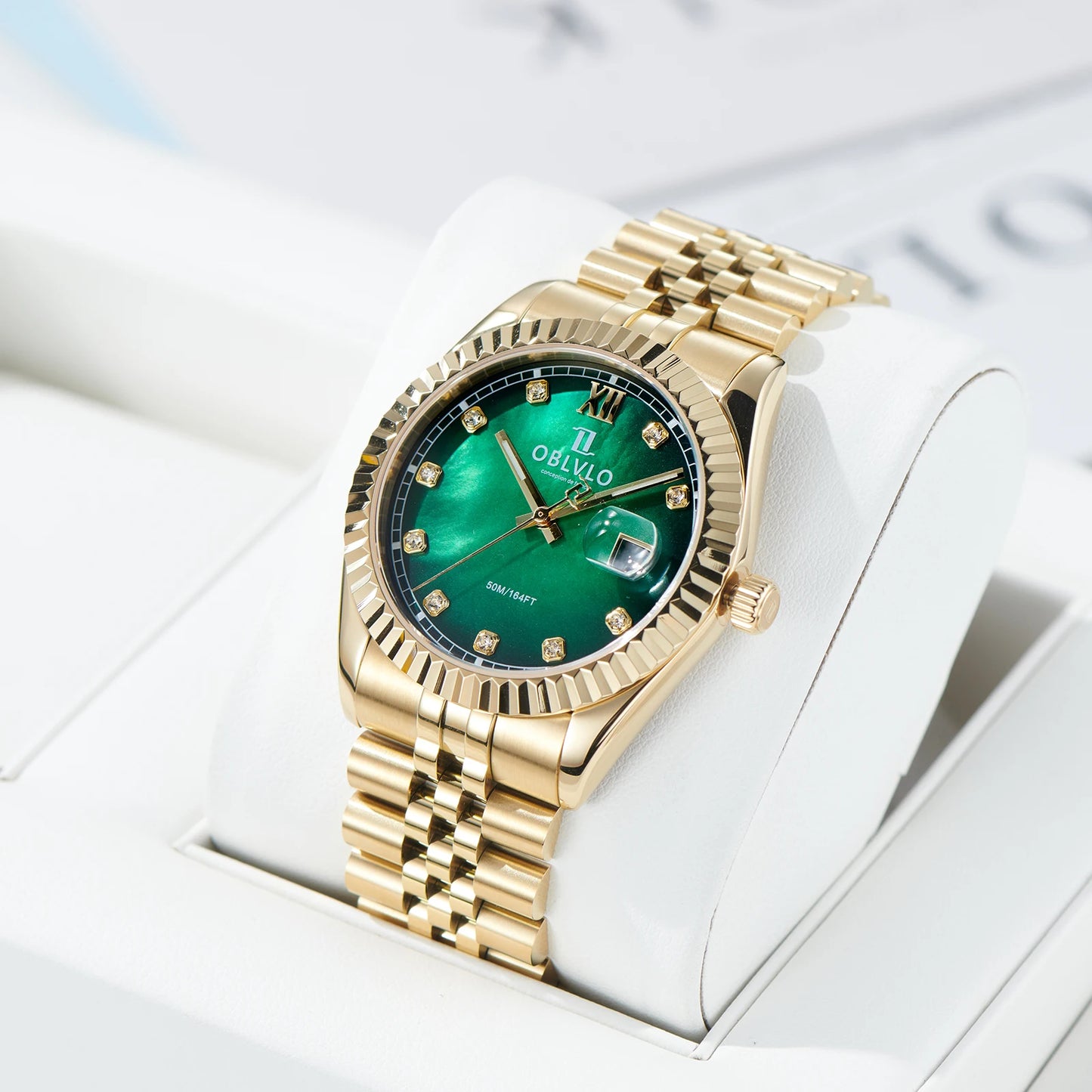 OBLVLO Men's Elegant Yellow Gold Red Dial Bracelet Quartz Watch with Date Fashion Green Dial Business Watches for Men RX-PE