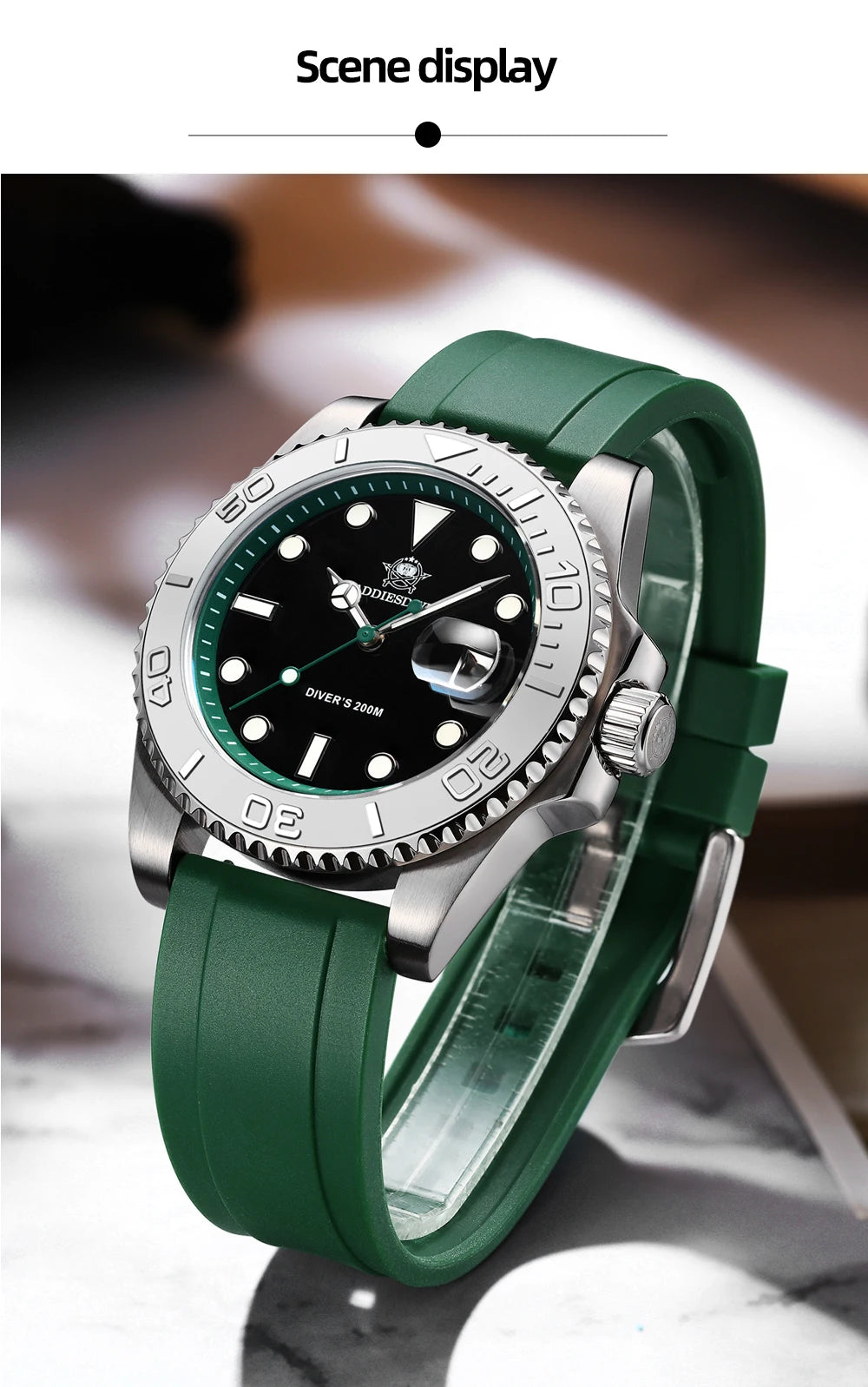 ADDIESDIVE Rotatable Bezel Watch For Men 41mm Quartz Watch Stainless Seel BGW9 Luminous Rubber Strap 200m Diving Men's Watch New